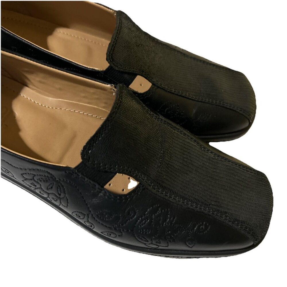 Hotter Slip On Shoes Flats Calypso Size 8.5 Black Leather Comfort Floral New - Picture 8 of 8